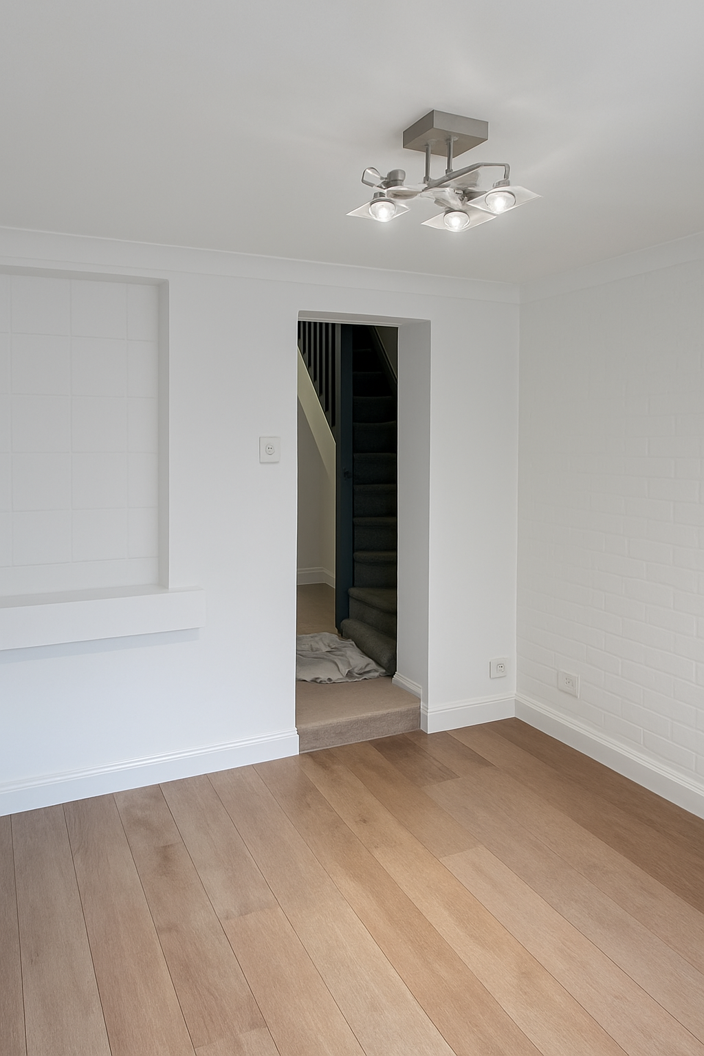 Renovated terrace living room with oak floors and subway-tile feature wall